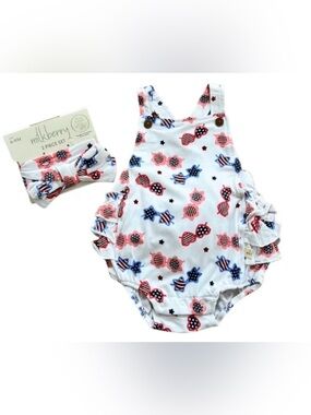 MILKBERRY Americana Sunglasses Bamboo Ruffle Bubble Romper Sunsuit Sz 0-3 Mo NWT